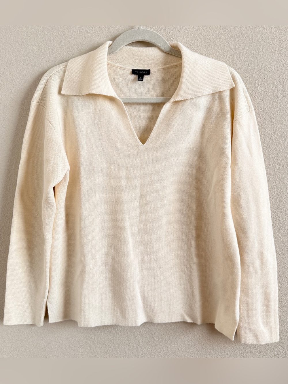 Talbots Cream Ivory V-Neck Collared Knit Sweater